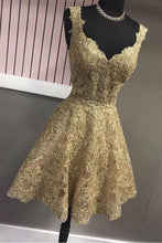 Load image into Gallery viewer, Cute A Line Gold V Neck Lace Appliques Short Prom Dresses Homecoming Dresses RS888