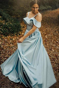 Satin Light Blue Prom Gowns with Folded Neckline Sweetheart Long Prom Dresses RS485