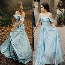 Load image into Gallery viewer, Satin Light Blue Prom Gowns with Folded Neckline Sweetheart Long Prom Dresses RS485