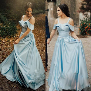 Satin Light Blue Prom Gowns with Folded Neckline Sweetheart Long Prom Dresses RS485
