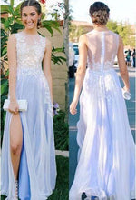 Load image into Gallery viewer, See Through Side Slit Pale Blue Lace Chiffon Scoop Party Dresses Prom Dresses RS375