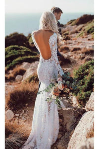 See Through V Neck Lace Rustic Wedding Dresses Long Sleeve Mermaid Wedding Dress RS812