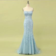 Load image into Gallery viewer, Sky Blue Long Mermaid Lace Appliques Prom Dresses