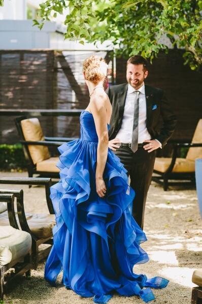 High Low Royal Blue Organza Prom Gowns Strapless Evening Dresses For Teens Brides RS158