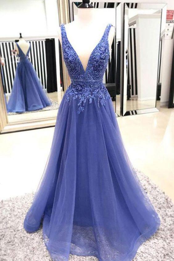 Sexy A Line Deep V Neck Sleeveless Lace Tulle Long Prom Dresses Evening Dresses RS872