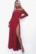 Load image into Gallery viewer, Sexy A Line Off the Shoulder Long Sleeve Dark Red Prom Dress with Lace High Split RS759