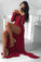 Sexy A Line Off the Shoulder Long Sleeve Dark Red Prom Dress with Lace High Split RS759