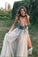Sexy A Line Rhinestone Beaded High Slit Tulle Grey Long Deep V Neck Prom Dresses RS415