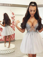 Load image into Gallery viewer, Sexy A Line V Neck Short Ivory Tulle Homecoming Dress with Beads Backless Cocktail Dress H1269