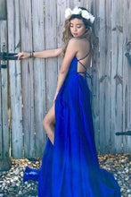 Load image into Gallery viewer, Sexy A line Blue Prom Dresses with High Slit Criss Cross Sleeveless Evening Dresses RS732