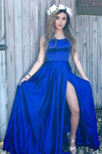 Sexy A line Blue Prom Dresses with High Slit Criss Cross Sleeveless Evening Dresses RS732