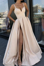 Load image into Gallery viewer, Sexy A line High Slit V Neck Spaghetti Straps Prom Dress Pockets Satin Formal Dress RS576