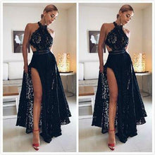 Load image into Gallery viewer, Sexy Black Lace High Split Prom Dresses Halter Floor Length Long Evening Dresses RS616