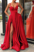 Load image into Gallery viewer, Sexy Burgundy Spaghetti Straps V Neck Satin Prom Dresses with Split Pockets RS649