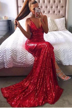 Load image into Gallery viewer, Sexy Champagne Gold Mermaid Prom Dresses Side Slit Backless Formal Dresses P1102