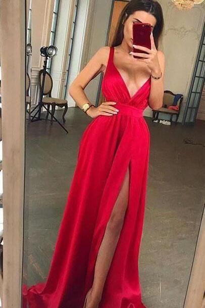Sexy Chiffon Long Red Prom Dresses Long V Neck Evening Party Dress with Split Slit P1054