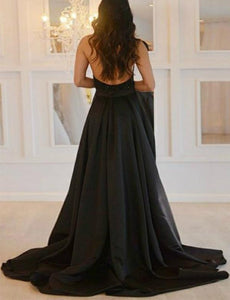 Sexy Deep V-Neck Black Prom Dresses With Beading High Slit Backless Formal Dresses RS463