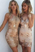 Load image into Gallery viewer, Sexy Halter Sheath Backless Lace Appliques Homecoming Dresses with Sleeveless H1197