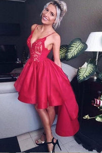 Sexy High Low Red Spaghetti Straps V Neck Homecoming Dresses Short Cocktail Dresses H1183
