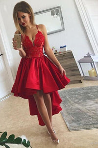 Sexy High Low Red Spaghetti Straps V Neck Homecoming Dresses Short Cocktail Dresses H1183