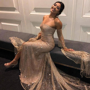 Sexy Long Sleeve Gold Split Sequins Off the Shoulder Prom Evening Dresses RS756
