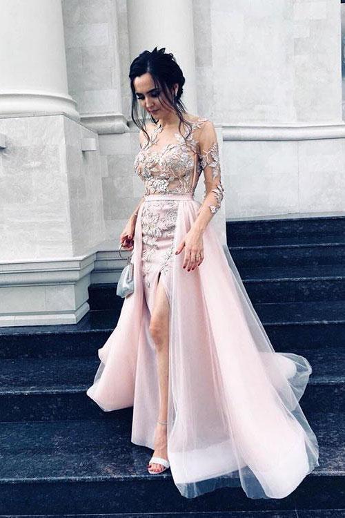 Sexy Long Sleeve Pink Tulle Lace Appliques Mermaid Prom Dresses Evening Dresses P1128