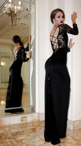 Sexy Mermaid Black Long Sleeve High Slit Prom Dresses Lace Satin Party Dresses RS357