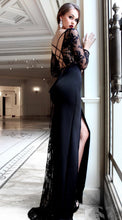 Load image into Gallery viewer, Sexy Mermaid Black Long Sleeve High Slit Prom Dresses Lace Satin Party Dresses RS357