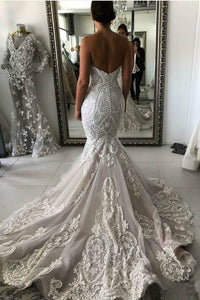 Sexy Mermaid Ivory Lace Appliques Backless Wedding Dresses Wedding Gowns W1011