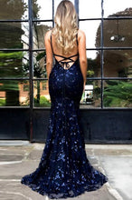 Load image into Gallery viewer, Sexy Mermaid Spaghetti Straps Lace Backless Navy Blue Prom Dress Long Evening Dresses P1099