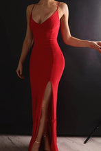 Load image into Gallery viewer, Sexy Mermaid Spaghetti Straps V Neck Red Side Slit Satin Long Prom Dresses RS574