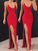Sexy Mermaid Spaghetti Straps V Neck Red Side Slit Satin Long Prom Dresses RS574