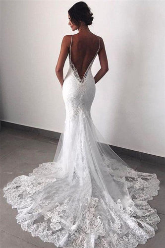 Sexy Mermaid Spaghetti Straps Wedding Dresses Lace Appliques Wedding Gowns with Tulle W1035