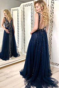 Sexy Navy Blue Tulle Sequins V Neck Prom Dresses Long Backless Formal Prom Dress RS799