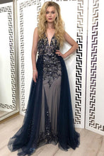 Load image into Gallery viewer, Sexy Navy Blue Tulle Sequins V Neck Prom Dresses Long Backless Formal Prom Dress RS799