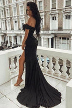 Load image into Gallery viewer, Sexy Off the Shoulder Black V Neck Mermaid Open Back Prom Dresses with Side Slit H1134