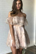 Load image into Gallery viewer, Sexy Off the Shoulder Lace Appliques Homecoming Dresses Short Prom Dresses H1283