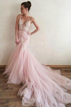 Load image into Gallery viewer, Sexy Pink Tulle Mermaid Wedding Dresses Backless V Neck Lace Bodice Bridal Dresses W1093