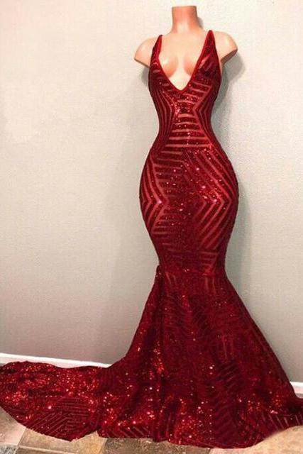 Sexy Burgundy Mermaid Sequins Deep V Neck Prom Dresses Long Evening Dresses RS908