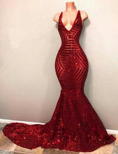 Load image into Gallery viewer, Sexy Burgundy Mermaid Sequins Deep V Neck Prom Dresses Long Evening Dresses RS908