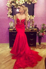 Load image into Gallery viewer, Sexy Red Mermaid Sweetheart Prom Dresses Satin Strapless Long Party Dresses P1072