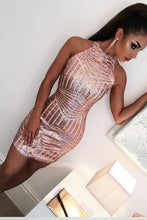Load image into Gallery viewer, Sexy Rose Gold Jewel Sheath Mini Short Prom Dresses Homecoming Dress Cocktail Dress RS869