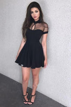 Load image into Gallery viewer, Sexy Short Sleeve Black High Neck Homecoming Dresses Short Prom Dresses with Chiffon H1092