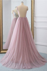 Sexy Slit Beading Tulle Backless V Neck Long Evening Dresses Sleeveless Party Dresses RS929