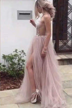 Load image into Gallery viewer, Sexy Slit Beading Tulle Backless V Neck Long Evening Dresses Sleeveless Party Dresses RS929