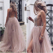 Load image into Gallery viewer, Sexy Slit Beading Tulle Backless V Neck Long Evening Dresses Sleeveless Party Dresses RS929