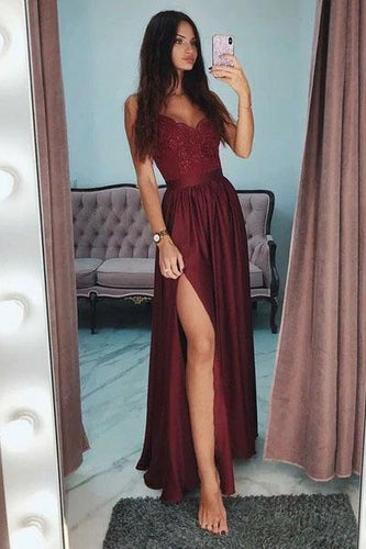 Sexy Slit Burgundy Spaghetti Straps Sweetheart Prom Dresses Long Prom Party Dresses RS620