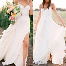 Load image into Gallery viewer, Sexy Spaghetti Straps Boho Bridal Dress with Slit V Neck Side Slit Beach Wedding Dresses W1033