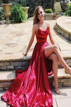 Load image into Gallery viewer, Sexy Spaghetti Straps Side Slit Red Satin Long Prom Dresses Cheap Evening Dresses RS927