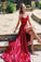 Sexy Spaghetti Straps Side Slit Red Satin Long Prom Dresses Cheap Evening Dresses RS927